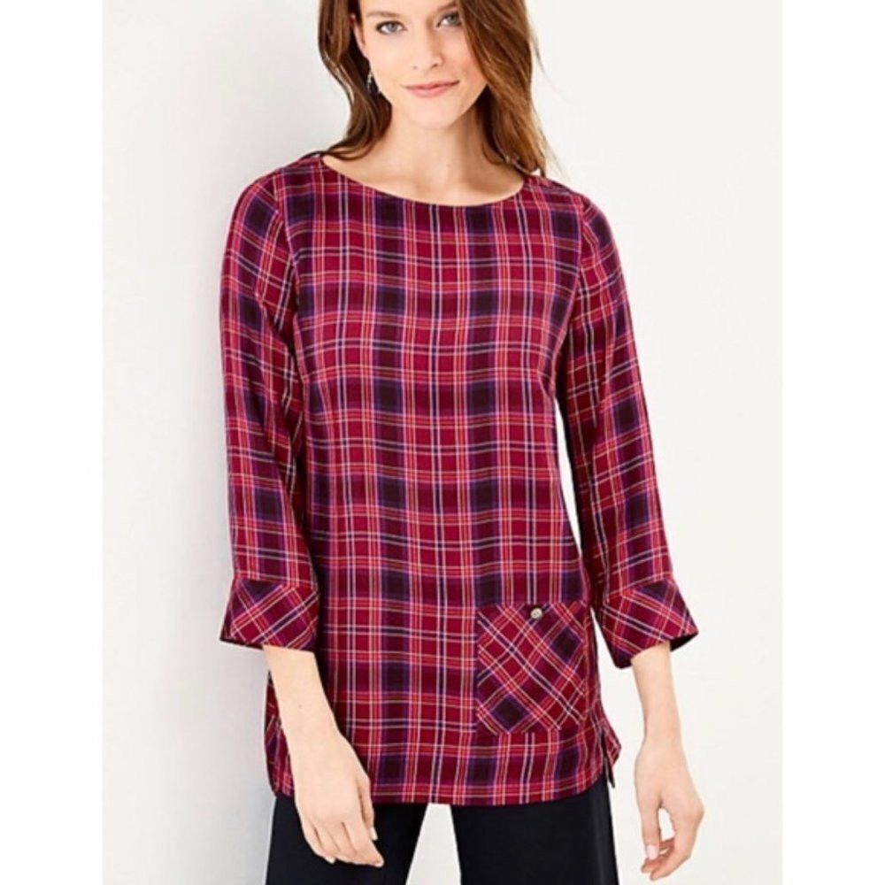 J. Jill Burgundy Red Purple Plaid Boat Neck Tunic Top Size Petite Small
